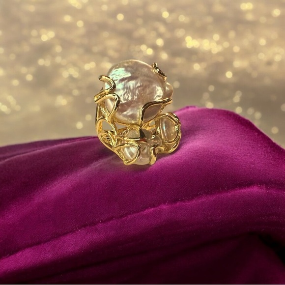 NEW Natural Freshwater Pearl GoldPlated Abstract Wrapped Adjustable Trilogy Ring - Picture 14 of 16